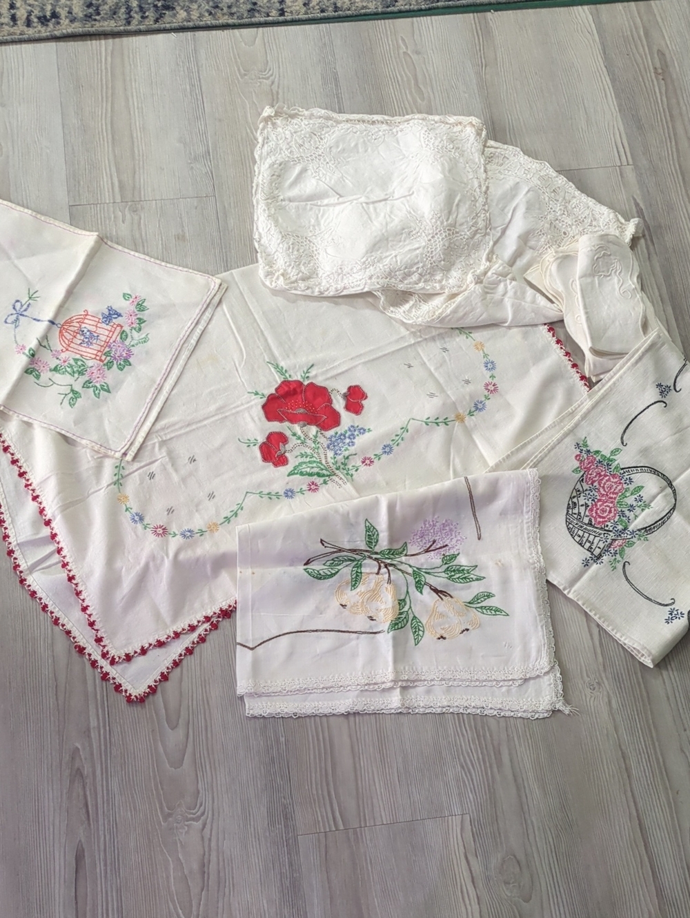 Vintage Embroidered Linens Lot Tablecloth Doilies Napkins Floral 10+ Pieces